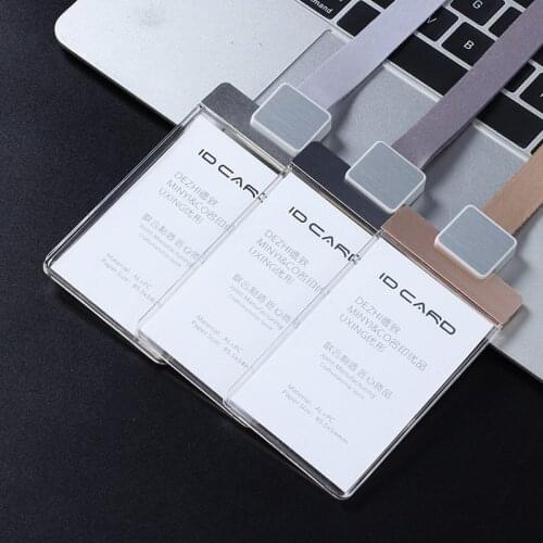 Fashion ID Card Clear Badge Holder Work Card Metal Material PU Business Badge Card Holder with Necklace Lanyard Office Supplies