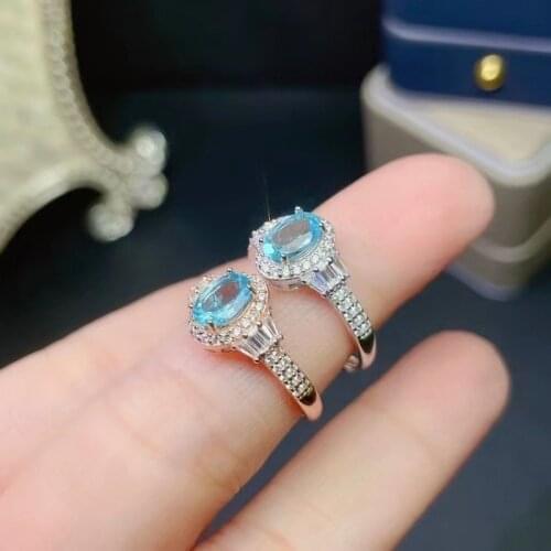 Natural Apatite Ring for Women Anniversary Gift 5*7MM Genuine Blue Gemstones Fine Jewelry Real 925 Sterling Silver