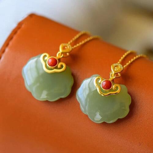 Jade Ruyi Pendant Womens Long Life Safety Lock Natural Hetian Jade Necklace Womens Green Jade Pendant S925 Sterling Silver Nec