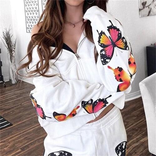 New Womans Butterfly Top White Jacket Autumn Casual Hoodies Oversize Animal Print Coat Harajuku Bomber Jackets Long Sleeve