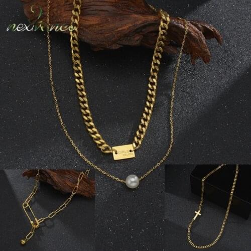 Nextvance Charm Stainless Steel Necklace Pearl Flowers Cuban Cross Brooch Necklaces For Women Pendant Best Friends Jewelry Gift