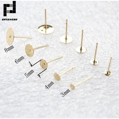 BASEHOME 100pcs Gold Color Stainless Steel Blank Earring Stud Base Fit 3/4/5/6/8mm Cabochon Cameo Settings DIY Jewelry Making