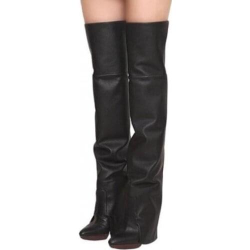 Drop Shipping Winter Woman Brand Genuine Leather Black Thin Heels Pointed Toe Platform Over The Knee Thigh High Heels Long Boots