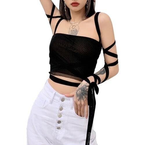 Sexy Women Summer Casual Bandage Tanks Tops Solid Color Strappy Sleeves Boob Tube Tight Crop Tops for Girls Black