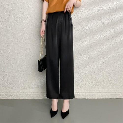 40MM silk trousers women pants sand-washed straight zipper elastic waist wide-leg pants high-waist cropped trousers silk pant
