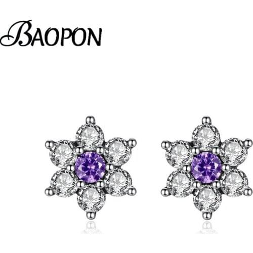 BAOPON Delicate Simple Design Cubic Zirconia Paved Flower Stud Earrings Silver Color CZ Crystal Women Earrings Special Offer