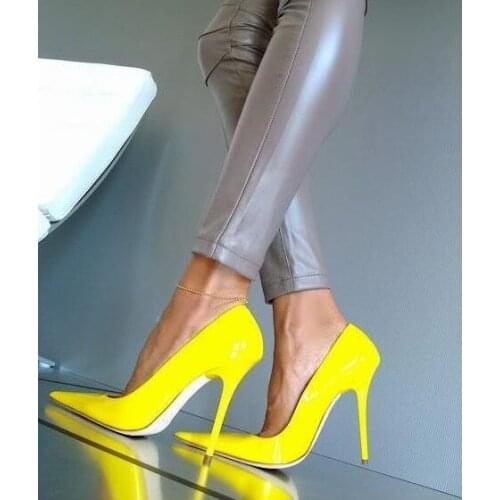 Super High Heels Yellow Leather Women Shoes High Heels Pointed Toe Slip-on Spike Heels Stiletto Wedding Shoes Bride Plus Size 11