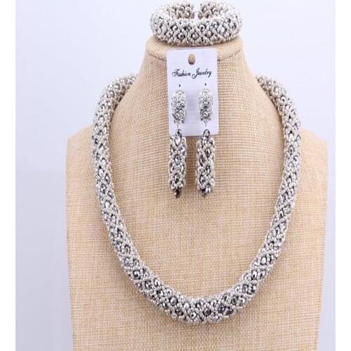 Women Silver Crystal Costume Necklace Sets Nigerian African Beads Jewelry Set Dubai Statement Beads Sets for Women Free Shipping