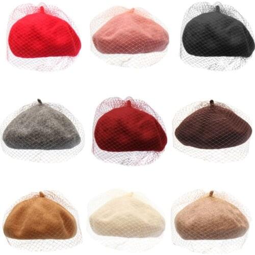 Ladies Women Autumn Winter Warm Wool Beret Cap Mystery Net Veil Style Female Outdoor Elegant Beanies Bonnet Hat 449B