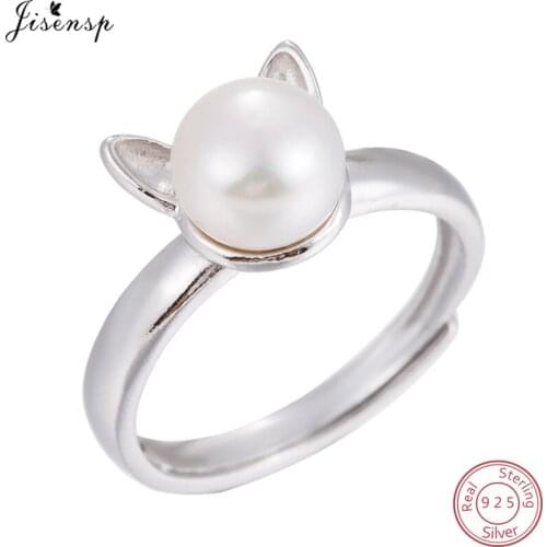 Jisensp 925 Sterling Silver Rings Fashion Korean Pearl Cat Ring Adjustable Cartoon Animal Ring Jewelry Engagement Christmas Gift