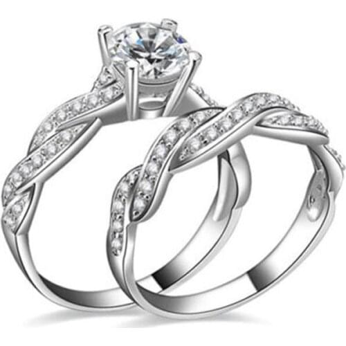 Charm Silver Color Twist Rings 2pcs Crystal Rhinestone Wedding Brands Rings Women Statement Jewelry Birthday Gift Size 5-9