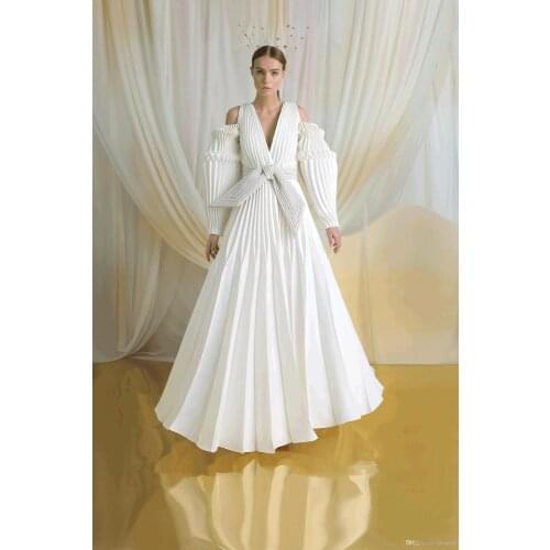 2020 White Prom Dresses V Neck Long Sleeve Pleats Evening Dress Floor Length Formal Party Reception Second Gowns