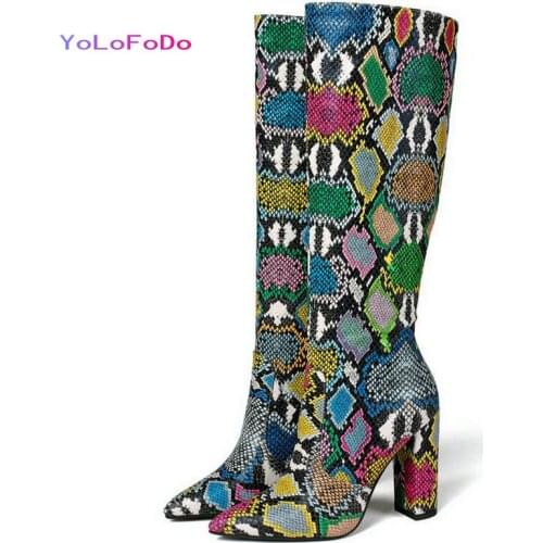 2021 Autumn Winter Women Knee High Boots Faux Leather Snake Print Ladies Square High Heel Boots Fashion Zipper Pointed Toe Shoes