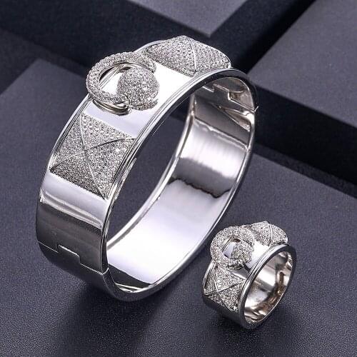 Accking Luxury Unique African 2PCS Bangle Ring Jewelry Sets For Women Wedding Cubic Zircon Crystal CZ Dubai Bridal platinum