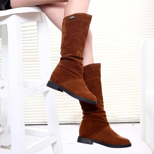 Autumn Winter Women Boots Matte Flock Boots For Female Ladies Height Increased Low Heel Shoes Lady Mid Calf High Boots