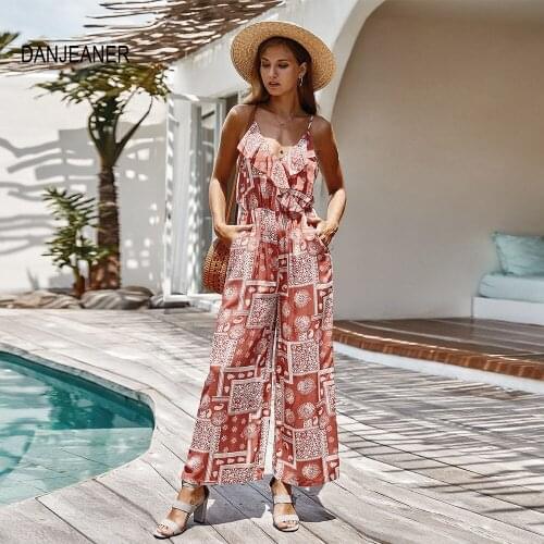 DANJEANER Women Sexy V-Neck Printed Jumpsuit Female Sleeveless Slim Fit Long Ruffles Jumpsuits Summer Casual Beach Clothes 2020