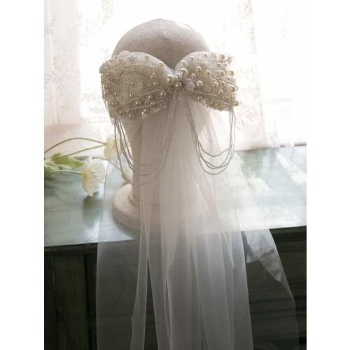 French Women White Long Bride Veil Big Bow Pearl Beading Hair Clip High Quality Layers Pearl Tassel Bride Wedding Veil Headpiece