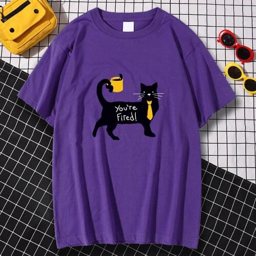 Cotton You're Fired Black Cat Prints T-shirt Men Funny Casual Harajuku Tee Shirts Tops Tees Male T Shirt