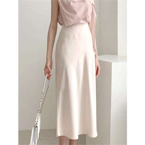 Elegant High Waist Satin Skirt Women Casual A-Line Midi Silk Slim Summer Autumn