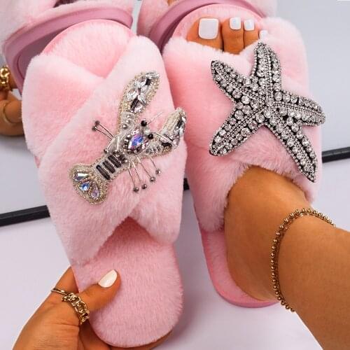 Fur Slides For Women Fluffy Slippers Cross Strap Starfish Lobster Decor Luxury House Slippers Flat Winter Warm Designer Shoes