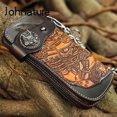 Johnature 2021 New Handmade Retro Genuine Leather Carving Men Long Wallet High Quality Cowhide Clutch Wallets Hand Chains Purse