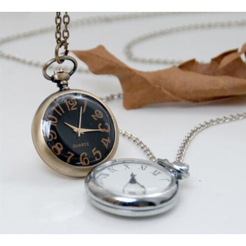 Wholesale 10 PCS New Fashion quartz Roman numerals pendant White steel bronze Necklace pocket watches