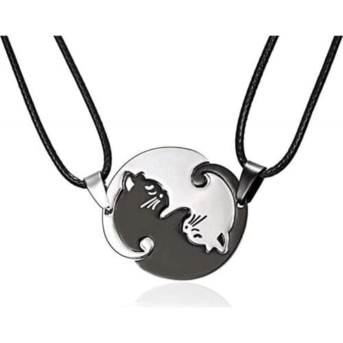 Stainless Steel White Black Yin Yang Pet Cat Pendant Puzzle Matching Necklace Chain For Couple Lover Valentines Gift Halloween