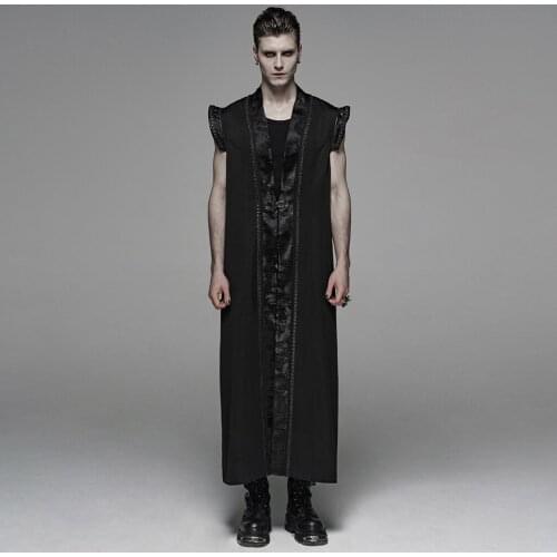 PUNKRAVE Mens Chinese Style Long Waistcoat Gothic Retro Twill Shuttle Metal Clasps Loose Halloween Performance Costume