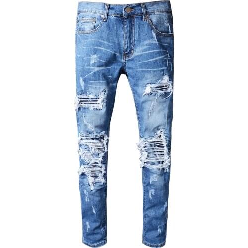 SEVEYFAN 2021 Mens Fashion Broken Hole Biker Jeans Skinny Ripped Patchwork Denim Pants for Male