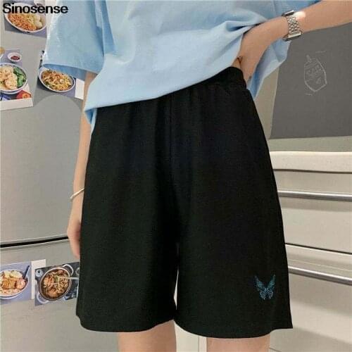 Summer Sports Track Shorts Butterfly Embroidery Pockets Women High Waist Workout Running Shorts Casual Wide Leg Biker Shorts