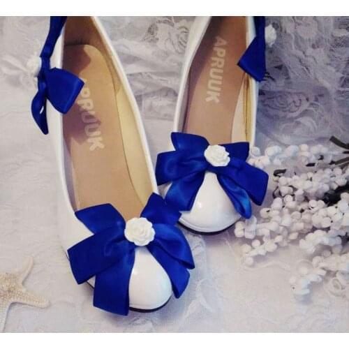 Diamond blue bow wedding pumps shoes woman satin butterfly-knot blue white bride wedding shoes plus size 41 42 lady party shoes