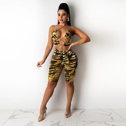 2021 Best Quality Famous Brand 2 pcs Women Set Leopard Halter Strapless Short Tops and Shorts Summer Sexy Outfits