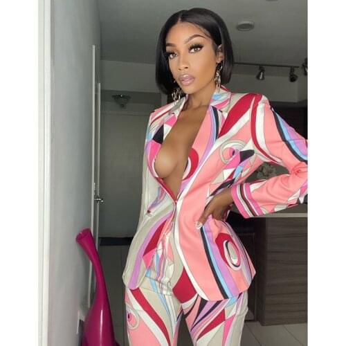 2021 Autumn Women Two Pieces Set Geometric Print Long Sleeve Blazers Suit and Pants Casual Slim Streetwear Fashion Outfit 60171