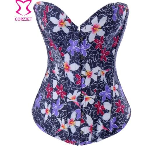 Women Hot Sexy Corselet Corset Floral Vintage Blue Denim Corsets And Bustiers Push Up Body Shaper Lenceria Ropa Gotica Mujer