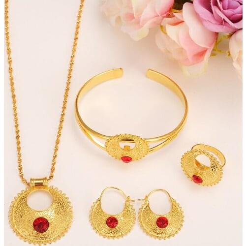 Gold Color Ethiopian Jewelry set Bride crystal cz Wedding Pendant Necklace Earring Ring African women Eritrea Habesha sets gift