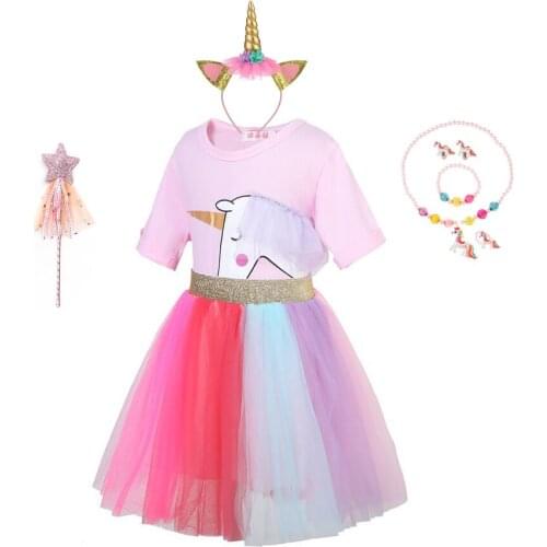 2021 Unicorn Tops+ Skirt Costume Girls Vestido Princess Summer Rainbow Dresses Fantasia Infantil Girl Clothes for Birthday
