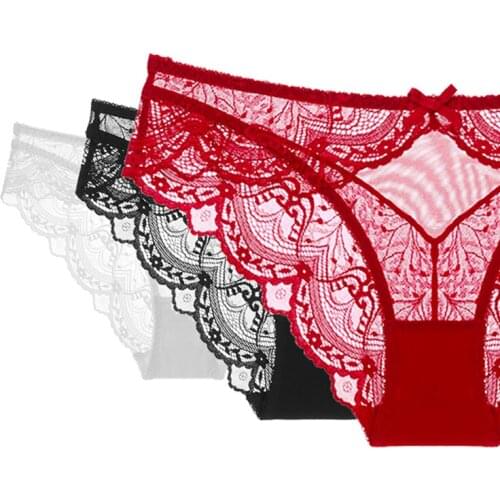 3pcs Low-Rise Womens Panties Set Female Sexy Briefs Lace Transparent Mesh Underwear For Women Embroidery Plus Size Red Lingerie