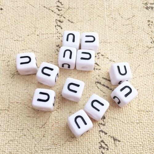 Free Shipping Mni Order Single Letter U Printing Square Alphabet Beads 10*10MM Cube Acrylic Plastic Initial Letters Beads