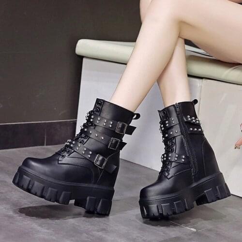 Thick Heel Ankle Boots Lace Up Chunky Boots Women High Heels Autumn Winter Woman Shoes Rivet Boots Warm Platform Shoes85