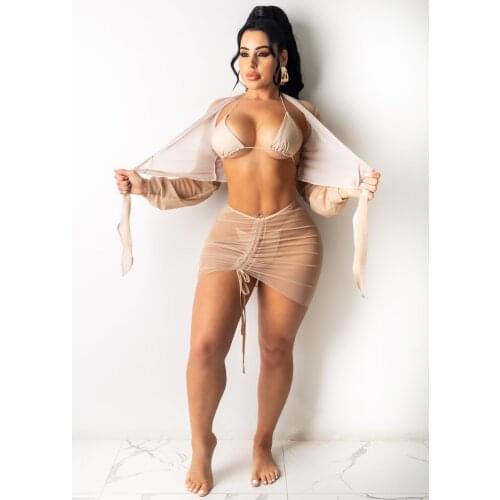 Felyn 2020 Best Quality Fashion Design 4 pcs Women Set Solid Short Blouse Mini Dress and Bikini Summer Beach Outfits