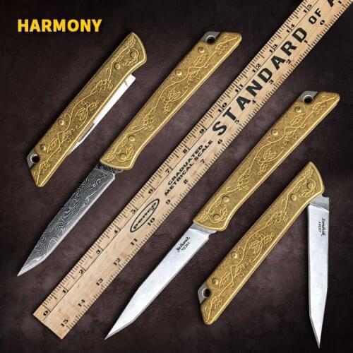 JAMESHIFU Damascus 12C27 Steel Mini Keychain Knife Lockless Folding Pocket Knife Copper Handle EDC Self Defence Small Knives