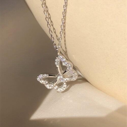 Karopel 925 Sterling Silver Zircon Butterfly Charm Pendant Choker Korean Necklace Wedding Jewelry for Women Jewelry Accessories