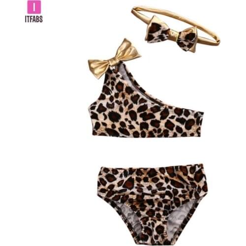 3pcs Summer Baby Girls Clothes Bikini Set Kids Leopard Bow Bikini Swimwear Swimsuit Bathing Suits New