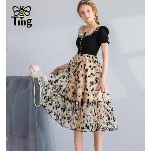 Tingfly Summer Sweet Girl Flower Embroidery Sheer A Line Princess Dress Midi Long Ruffles Lace Lady Street Chic Dresses Robes