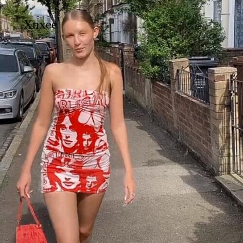 2021 Y2K Mini Tank Dress Strapless Sexy Bodycon New Portrait Print Sleeveless Sheath Outfits Club Party Women Summer Dresses