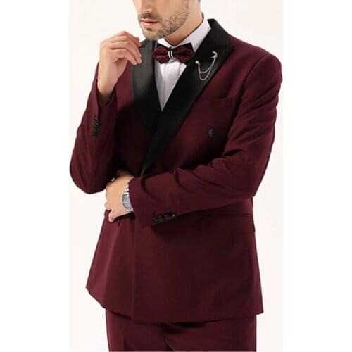 Burgundy Men Suits Wedding Tuxedo for Groom 2 Piece Slim Men Suits Man Fashion Costume Double Breasted Blazer Pants New Arrival