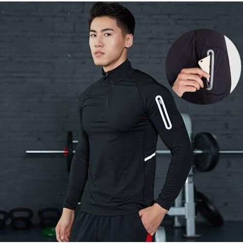 Men Half Zipper Sports Running Workout T-shirts Gym Long Sleeve Quick Dry Fitness Training Jogging Sportswear Tops zipper pocket