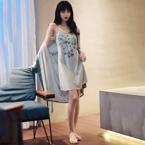 Nightdress Womens Spring Summer Robe Sets New Ice Sexy Sling Nightgown Bathrobe Morning Gown Suit Home Clothes Sleepwear