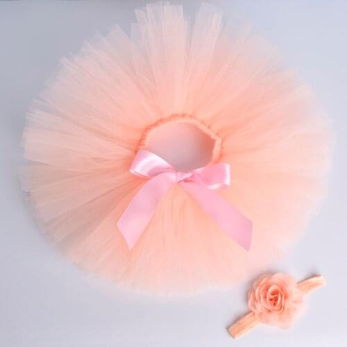 Peach Solid Baby Girls Fluffy Tutu Skirt & Headband Set Newborn Tutus Photo Prop Costume Infant Birthday Tulle Tutus For 0-12M