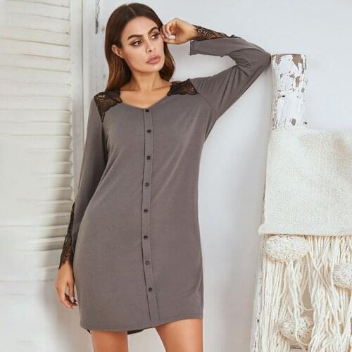 Sexy Plus Size Women Nightgown Lingerie Women Casual Nightdress Ladies Lace Stitching Solid Color Nightgown Women Home Colthing